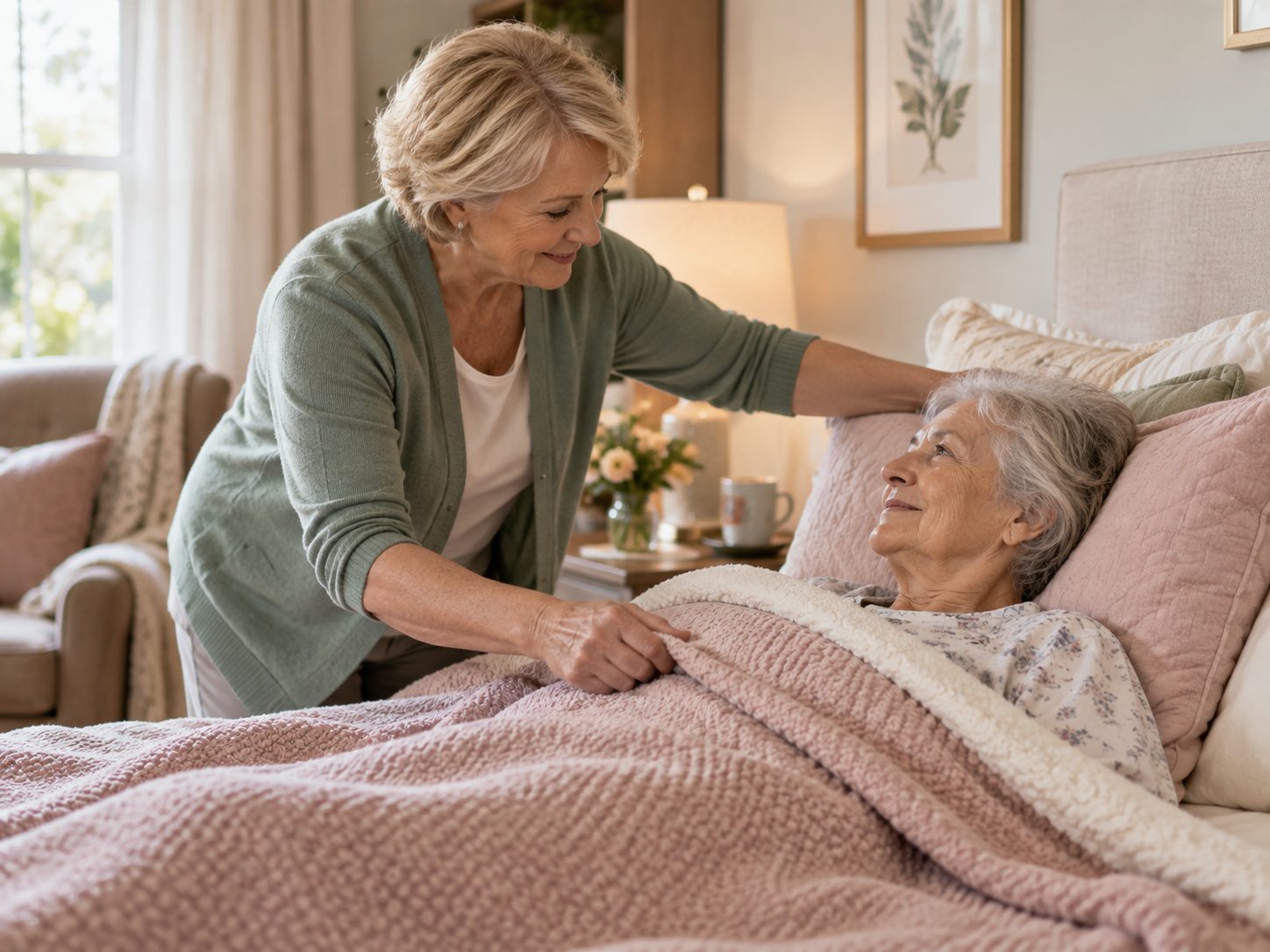 A caregiver in a sage cardigan tucks a pink blanket around an older woman resting in her own bed.