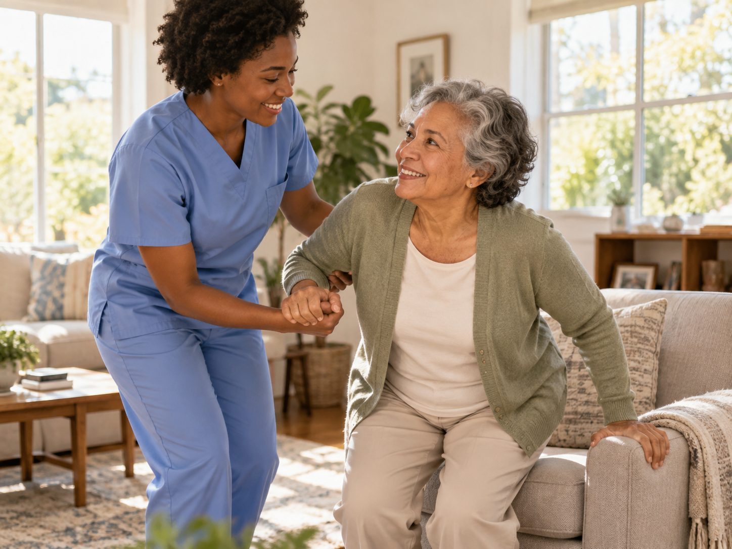 A caregiver in blue scrubs helps a smiling older woman rise from her living room sofa.