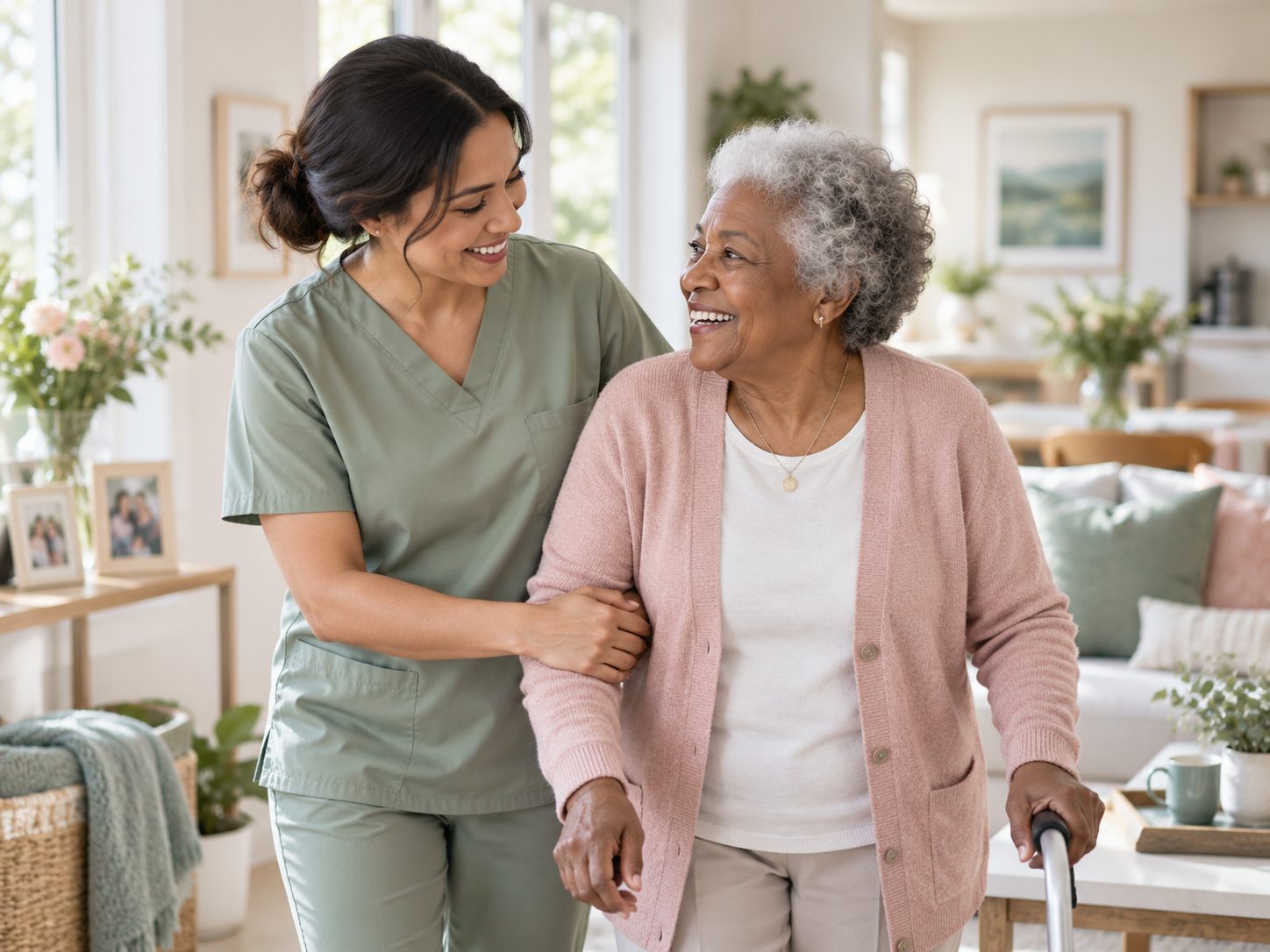 A caregiver in green scrubs walks arm in arm with a smiling older woman using a cane through a bright living room.